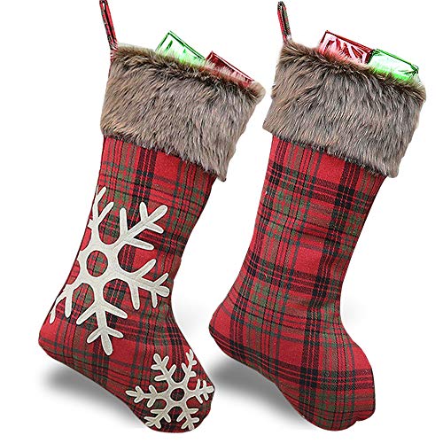 Product Cover WUJOMZ Set of 2 Christmas Stockings 2019, 18 Inches Burlap with Large Plaid Snowflake and Plush Faux Fur Cuff Stockings, for Home Decor