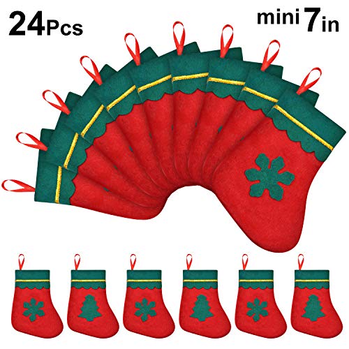 Product Cover Syhood 24 Pieces Christmas Mini Stocking 7 Inches Xmas Gift Card Stockings Silverware Holders for Rustic Christmas Tree Decoration Supplies, Red and Green