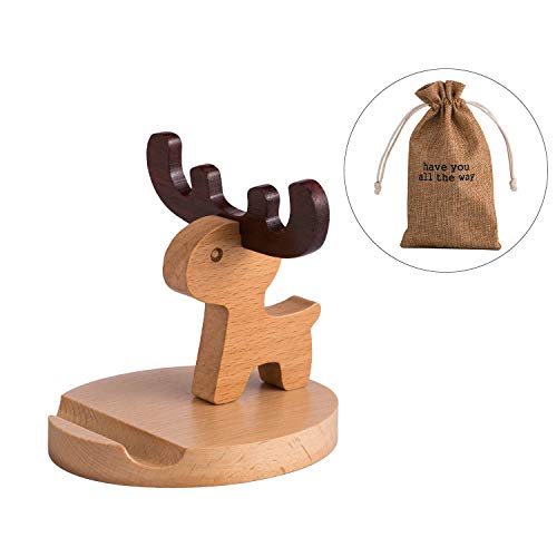 Product Cover Animal Phone Stand, Wood Cell Phone Stand Compatible with iPhone 11 Pro X Plus 8 7 6, Phone Holder for Desk and Bed, (Deer)