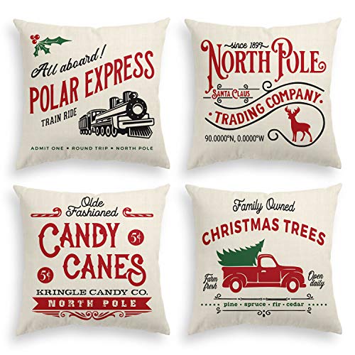 Product Cover AVOIN Christmas Throw Pillow Cover, 18 x 18 Inch Winter Holiday Rustic Farmhouse Linen Cushion Case for Sofa Couch Set of 4