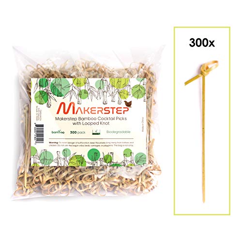 Product Cover Makerstep Bamboo 4 inch Cocktail Picks, 300 Pack with Looped Knot, Natural Biodegradable Long Disposable Wood Toothpicks Skewers, Safe Natural Resource