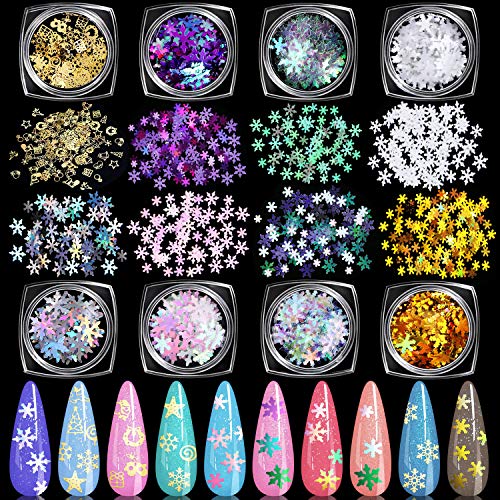Product Cover KISSBUTY 7 Boxes Snowflake Sequins for Nail Art Decoration and 1 Box 3D Christmas Metal Nail Art Slices Holographic Mermaid Snowflakes Nail Glitters Set Christmas Nail Flake Sparkly DIY Nail Decals