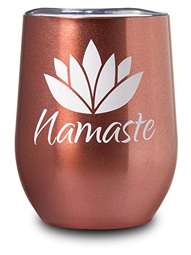 Product Cover Yoga Gifts for Women | Namaste | 12oz Steel Rose Gold Wine/Coffee Travel Tumbler with Premium Sliding Lid | Great Glass for Yoga Lovers | Men | Zen Meditation by Globodyne Tumblers