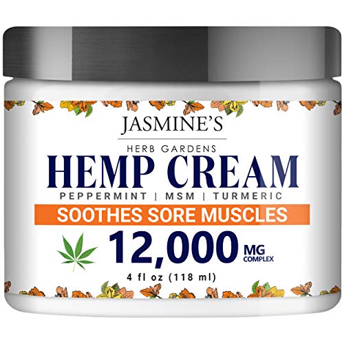 Product Cover Hemp Cream for Pain, Sore Muscle and Joints by Jasmine's Herb Garden - 12,000 mg Complex with Peppermint, MSM and Turmeric - Soothes Muscles, Relieves Inflammation - 4 oz