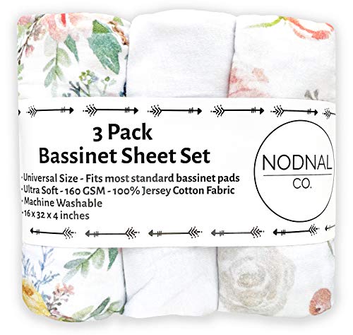 Product Cover NODNAL CO. Pink Floral Bassinet Fitted Sheet Set 3 Pack 100% Jersey Cotton for Baby Girl - Peony and Eucalyptus Flowers 160 GSM Sheets