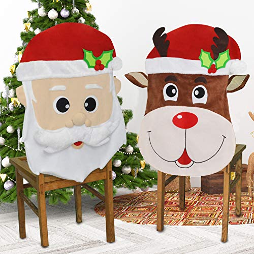 Product Cover JOYIN Christmas Santa and Reindeer Christmas Dining Chair Slip Covers Decorations Ornaments Set for Xmas Indoor Décor, Party Favor Supplies, Restaurant Holiday Festival Party Decor