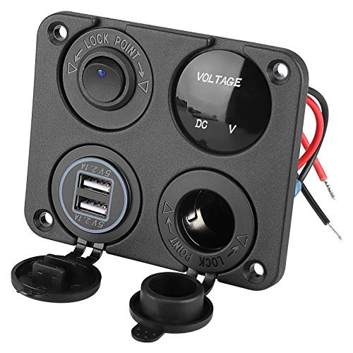 Product Cover Switch Panel with Volt Meter, Dual USB Socket Charger 12V 4.2A&LED Voltmeter&Cigarette Lighter Socket&ON/Off Rocker Switch 4 in 1 Panel for Boat Marine Car Vehicles Truck (with Pre-Wired)