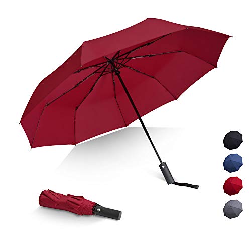 Product Cover Brainstorming Travel Umbrella Windproof,Compact Rain&Wind Teflon Repellent Umbrellas with 9 Ribs,Travel Auto Folding Umbrella with Upgrade Ergonomic Long Handle (Red)
