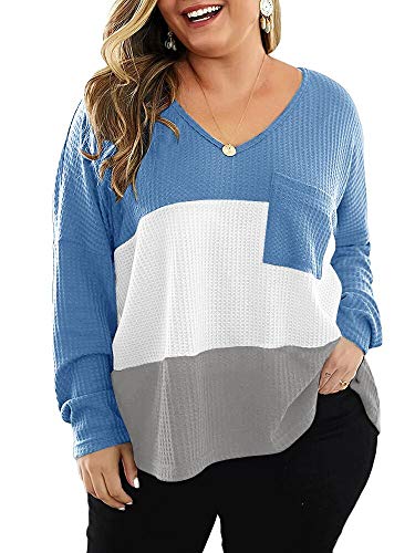 Product Cover Soulomelody Womens Plus Size Tops Color Block Fall Long Sleeve V Neck Waffle Knit Casual Tunics Shirt Blue