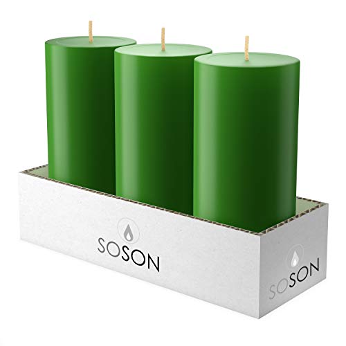 Product Cover Simply Soson 3 x 6 Inch Green Unscented Pillar Candle Bulk Set - Dripless, Scent Free Paraffin Wax Candle Pillars - Medium Size Wedding or Home No Drip Candles - 3 Pack