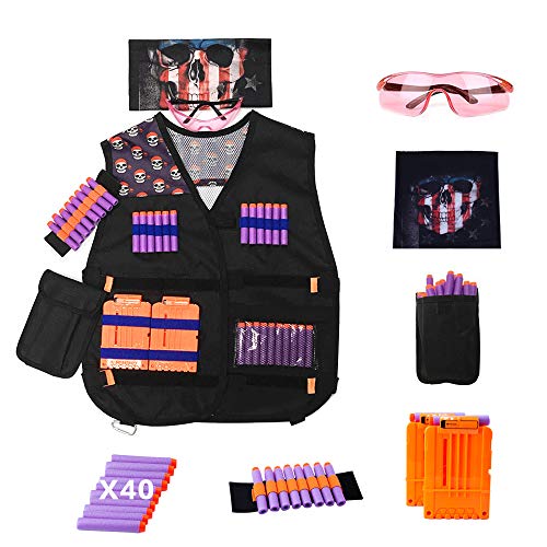 Product Cover DAWEI Tactical Vest Kit for Nerf Guns Series with Kids Vests,Protective Glasses,Dart Pouches,Face Masks, Storage Bags,2 Reload Clips,40 Bullets Refill,Wrist Bands,for Kids