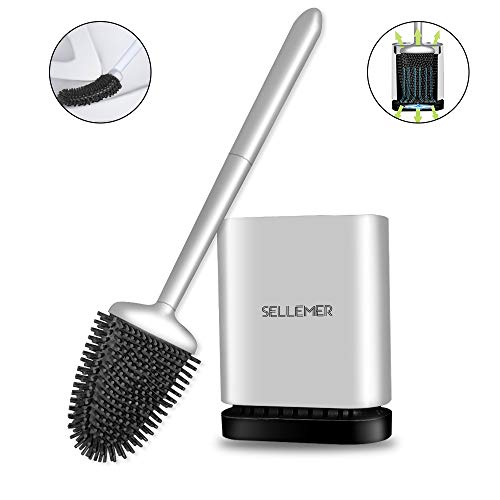 Product Cover Sellemer Toilet Brush and Holder Set, Toilet Bowl Brush Carrying Solid Anti-Rust Handle, Upgraded Flat Design, Good Toughness, Brush Head Can Be Bent Freel, Easy to Clean and Clean Without Dead Ends