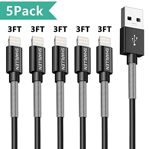 Product Cover SHARLLEN iPhone Lightning Cable 3FT MFi Certified Spring Charger Cable 5 Pack iPhone Data Cable USB Fast Charging Syncing Cord Compatible iPhone XS/MAX/XR/X/8/7/6/iPad/iPod-(Black)
