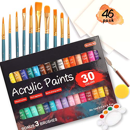 Product Cover 46 Pack Acrylic Paint Set, 30 Colors Acrylic Paint with 10 Paint Brushes 3 Painting Canvas 1 Paint Knife 1 Palette 1 Sponge, Complete Set For Canvas Wood Ceramic, Perfect Gift For Beginners Adults