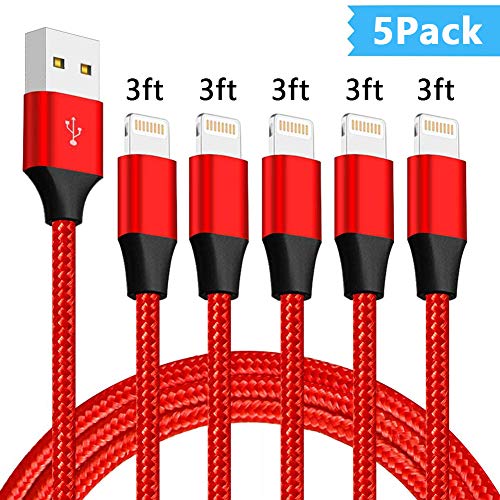 Product Cover SHARLLEN iPhone Charger Cable 3FT MFi Certified Lightning Cable 5Pack Nylon Braided iPhone Data Cable USB Fast Charging & Data Sync Cord Compatible iPhone XS/MAX/XR/X/8/7/6/iPad/iPod-(Red)