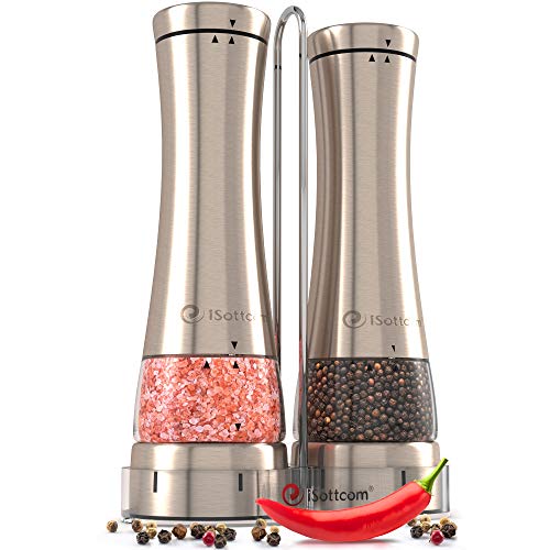 Product Cover Electric Salt and Pepper Grinder Set with Stand | Premium Set of 2 Best Electronic Stainless Steel Spice Mills for Coarse Seasoning | Battery Powered Pepper & Salt Grinders with Light (9551 set)