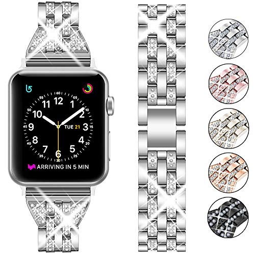Product Cover Supoix Compatible with Apple Watch Band 42mm 44mm 38mm 40mm, Women Jewelry Bling Diamond Rhinestone Metal Wristband Strap for iWatch Series 5/4/3/2/1(Silver)