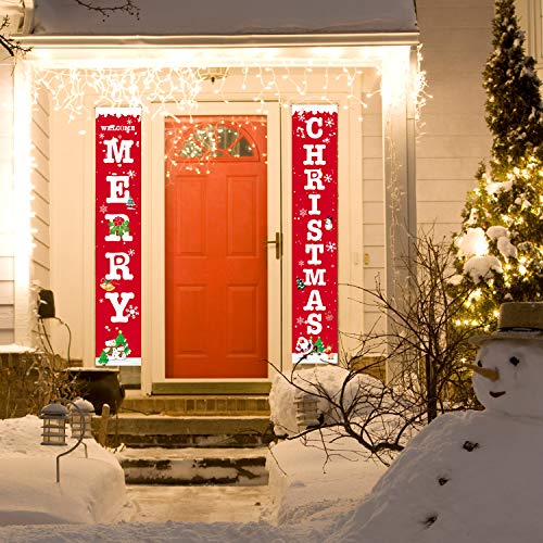 Product Cover Christmas Porch Sign, Welcome and Merry Christmas Hanging Banners for Holiday Party Home Indoor Outdoor Porch Wall Christmas Decoration