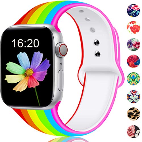 Product Cover Elaikement Floral Bands Compatible with iWatch Band 38mm 40mm, Soft Silicone Sport Band Replacement Wristband Compatible for iWatch Series 5 4 3 2 1 Women Men, 38mm 40mm S/M M/L - Rainbow