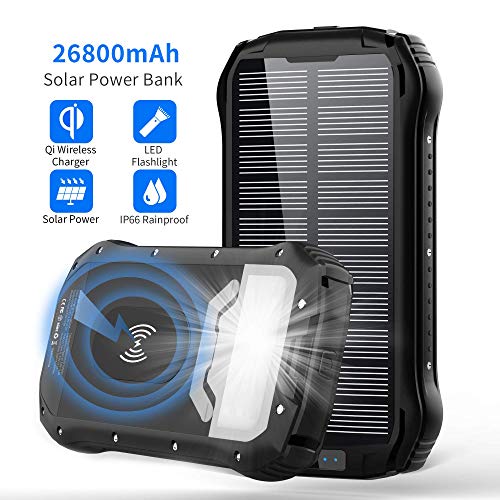 Product Cover Solar Charger 26800mAh, Qi Wireless Portable Solar Power Bank with 4 Outputs & Dual Inputs Type-C, Waterproof External Backup Battery Pack with 18 LED Flashlight for Smart Phone, Tablets, Outdoor