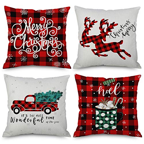 Product Cover QoGoer Christmas Decorations Throw Pillow Covers 18 x 18 Inch Set of 4, Red Black Buffalo Plaids Winter Pillow Cases Square Cotton Linen Cushion Covers Farmhouse Decor for Home