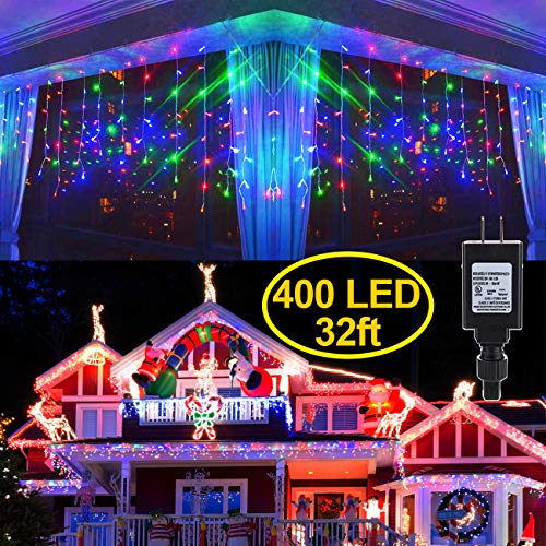 Product Cover KNONEW LED Icicle Lights, 400 LEDs, 32ft, 8 Modes, Curtain Fairy Light with 75 Drops, Clear Wire LED String Decor for Christmas/Thanksgiving/Easter/Halloween/Party Backdrops Decorations (Multicolor)