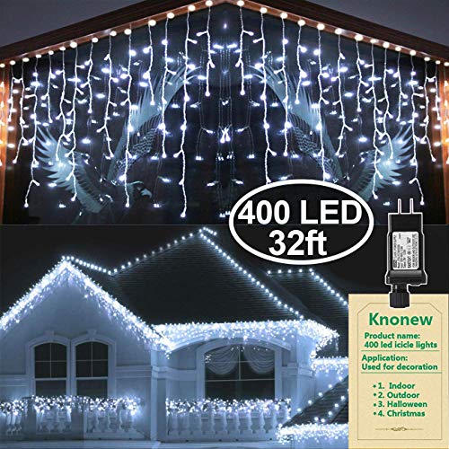 Product Cover KNONEW LED Icicle Lights, 400 LEDs, 32ft, 8 Modes, Curtain Fairy Light with 75 Drops, Clear Wire LED String Decor for Christmas/Thanksgiving/Easter/Halloween/Party Backdrops Decorations (Cool White)