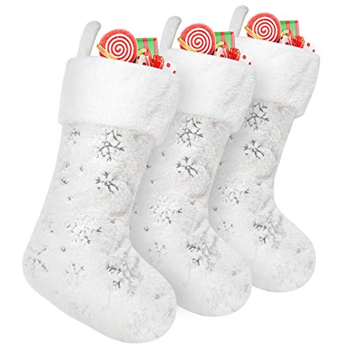 Product Cover Townshine White Christmas Stockings,18 Inches Faux Furry Fur Silver Large Snowflake Xmas Stocking for Holiday Decoration (3)