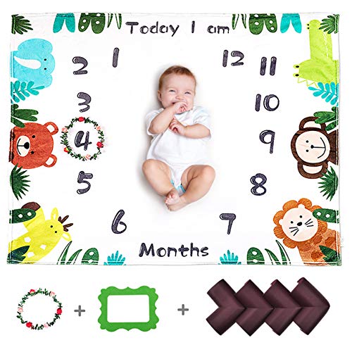 Product Cover CALMSEN Baby Monthly Milestone Blanket for Boy Girl, Organic Fleece Ultra Soft, with Floral Wreath & Corner Guard, for Newborn, Photography Backdrop Prop, 1-12 Month