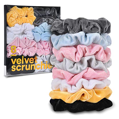 Product Cover Velvet Scrunchies for Hair - Bulk 8 Pack - Scrunchy in Black, Gold, Pink, Blue, White and Grey Pastel Color - Cute Hair Scrunchies for Women, Teen Girls and Kids - Premium Beauty Accessories