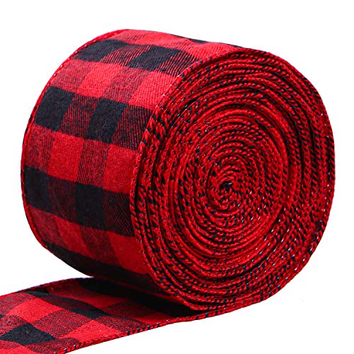 Product Cover URATOT Red and Black Plaid Burlap Ribbon Christmas Wired Ribbon Wrapping Ribbon for Christmas Crafts Decoration, Floral Bows Craft 236 by 2.48 Inches(Color B, 6.3cm x 6m)