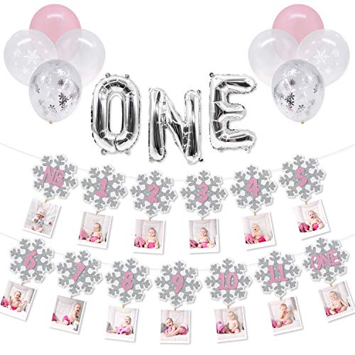 Product Cover Snowflake Photo Banners kit, Pink 12 Months First Birthday Garland One Letter Balloons Latex Balloons For Baby Girls Winter Onederland Party Decorations
