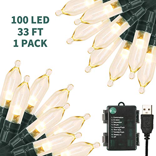Product Cover Christmas Lights 33ft 100 LED Outdoor String Lights with Timer& Memory Function & 8 Modes, USB or Battery Powered Waterproof String Lights for Christmas Indoor Outdoor Party Decoration-Warm White