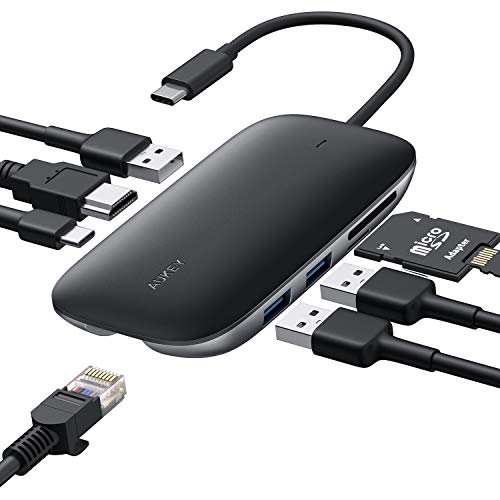 Product Cover USB C Hub AUKEY 8 in 1 Type C Hub with Ethernet Port, 4K USB C to HDMI, 3 USB 3.0 Ports, 100W USB C Power Delivery Charging, SD/TF Card Reader for MacBook Pro, Chromebook Pixel and Other USB C Laptops