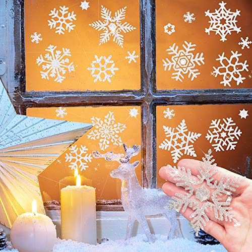 Product Cover 114 pcs Glitter Snowflake Window Clings Decal , Shining Reusable Static Stickers for Christmas Window Decorations, Xmas Ornaments, Winter Wonderland, Holiday, Shop, Home Décor Assorted Designs 6 Sheet