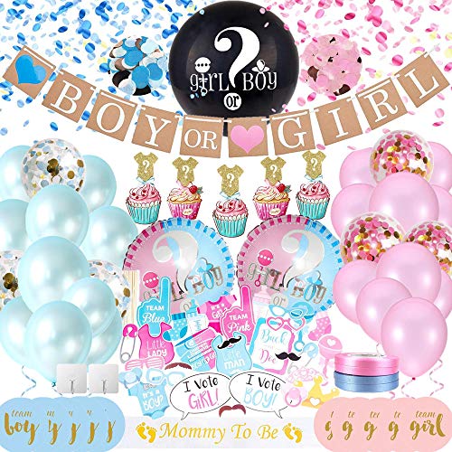 Product Cover ANYFEEL Baby Gender Reveal Party Supplies 89 Pieces, Gender Reveal Ideas Decorations Kit with 36 Inch Big Black Balloon with Confetti, Foil Balloons, Latex Balloons (Blue, Pink, Pink Gold & Blue Gold Confetti), Cupcake Toppers, Photo Booth