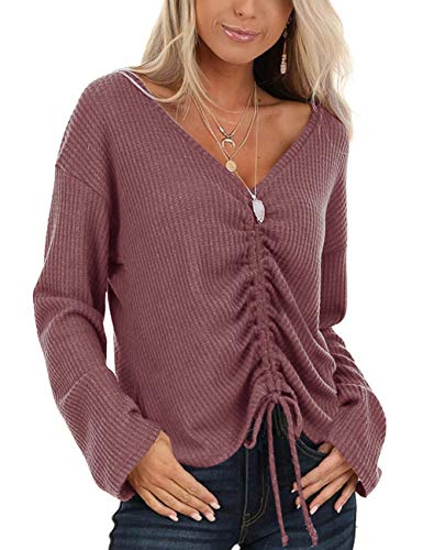 Product Cover OFEEFAN Womens Casual V Neck Solid Tops Long Sleeve Drawstring Tie Front T Shirts
