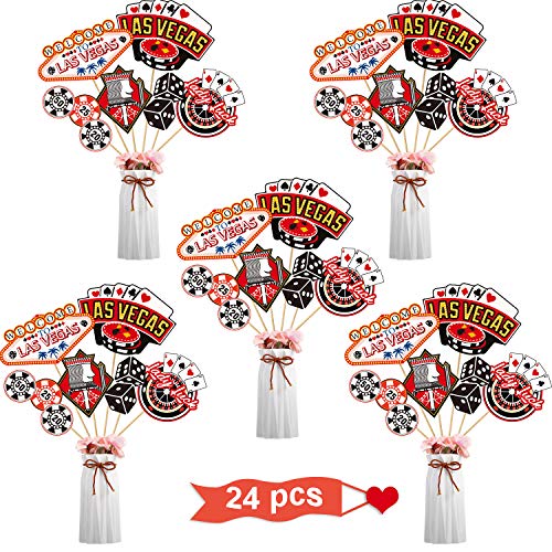 Product Cover 24 Pieces Las Vegas Party Decorations, Casino Party Centerpiece Sticks Casino Cutouts for Baby Shower Birthday Party Casino Theme Party Centerpiece Sticks Table Toppers(Las Vegas)