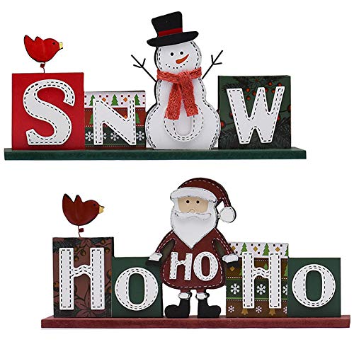 Product Cover Attraction Design Christmas Wood Sign Decor Set of 2, Snow Sign and HOHOHO Christmas Decoration with Santa and Snowman Figurine Wooden Words Decor Rustic Decorative Sign Freestanding Tabletop Decor