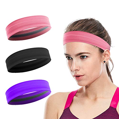 Product Cover Workout Headbands for Women, XiXov 3 Pack Stay Put Sweatbands for Women, Head Bands Women Hair, Non-Slip Elastic Sweat Band Head Bands for Sports, Yoga, Fitness, Athletic, Bike (Black + Pink + Purple)