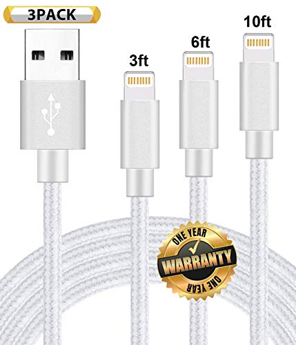 Product Cover iPhone Charger,GUIGUI MFi Certified Lightning Cable 3Pack Extra Long Nylon Braided USB Charging & Syncing Cord Compatible iPhone 11/11ProXs/Max/XR/X/8/8Plus/7/7Plus/6S/6S Plus/5S/SE/iPad -Silver