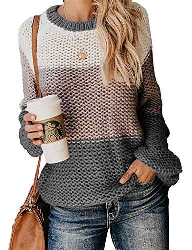 Product Cover shermie Sweaters for Women Color Block Crewneck Sweaters Striped Chunky Knitted Sweaters Pullover X-Large