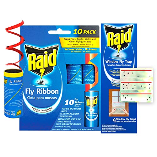 Product Cover Raid Fly Ribbon & Window Fly Trap Bundle (32-Pack), Outdoor & Indoor Fly Traps, 20pcs Fly Tape Ribbon Traps + 12pcs Window Fly Catcher, Effective Fly Traps for Kitchen & Food Prep Areas