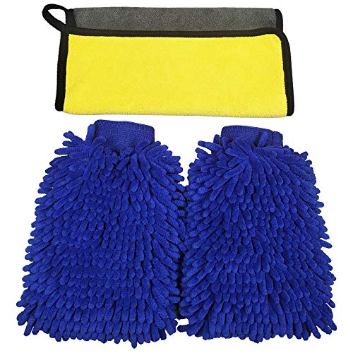 Product Cover ENCO Car Wash Mitt,Car Wash Sponges,Car Cleaner,Wash Mitt,Washing Gloves,Premium Chenille Microfiber,Waterproof,Cleaning Mitt,Lint Free,Scratch Free,Extra Large Size, Sapphire Blue（2+1）Pack