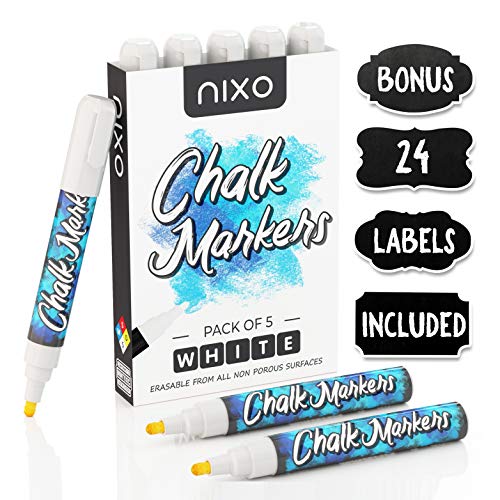 Product Cover White Chalk Marker Pens, Pack of 5, For non porous black paint board, 6mm Chisel Tip Pencil - 24 Chalkboard Labels Included