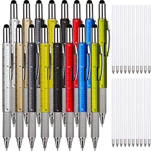Product Cover 16 Pieces Gift Pen Tool Pen 6 in 1 Multitool Tech Tool Pen with Ruler, Levelgauge, Ballpoint Pen and Pen Refills, Unique Gifts for Men (Multi-color)