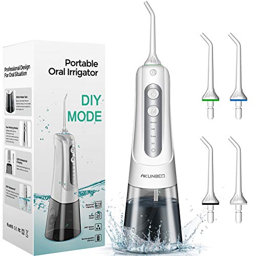 Product Cover Water Flosser, Akunbem Professional Water Flosser Cordless with DIY Mode Portable Rechargeable Dental Oral Irrigator 300ML IPX7 Waterproof Water Flossing for Home Travel, Braces Bridge