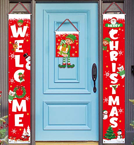 Product Cover 3 Pieces Christmas Decorations Banner - Welcome Christmas Porch Sign Elf Decor Xmas Hanging Front Door Indoor Outdoor Holiday Party Supplies