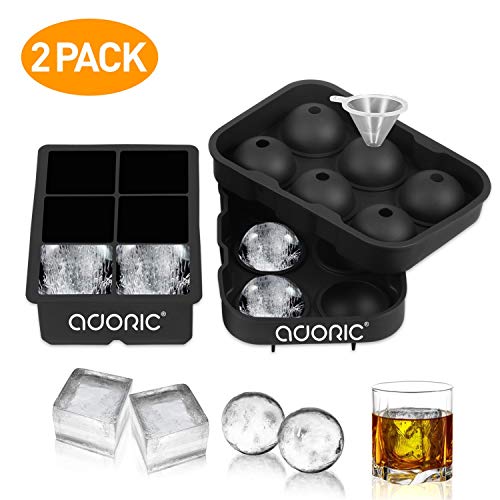 Product Cover Ice Cube Trays, Adoric Sphere Ice Cube Molds Set of 2, Silicone Ice Ball Maker with Lid & Large Square Molds for Whiskey and Cocktails or Homemade, Black