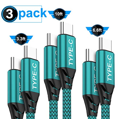 Product Cover USB C to USB C Cable 3A 3Pack(10ft+6.6ft+3.3ft),AkoaDa USB Type C Fast Charger Cable Nylon Braided Cord Compatible with Google Pixel 2/3/3a XL,Nexus 6P,iPad pro 2018,Samsung Galaxy Note s10 10(Green)